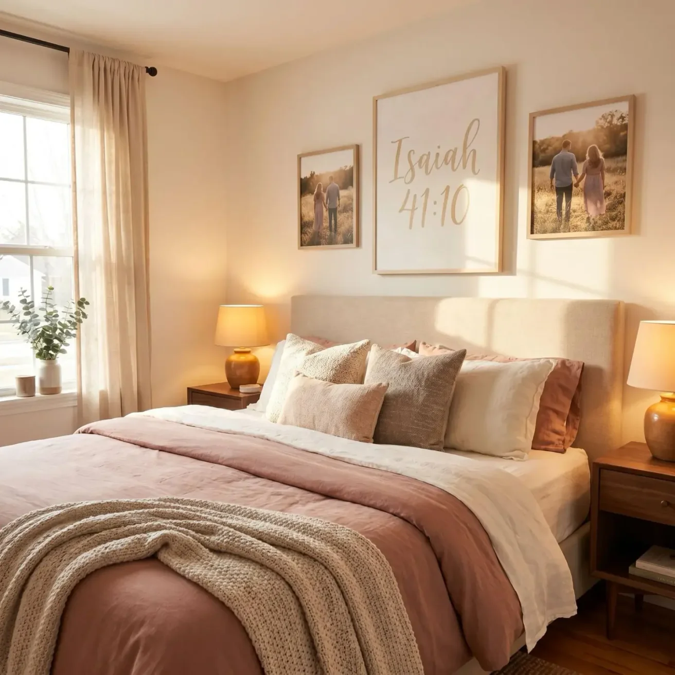 Scripture framed art above bedroom headboard