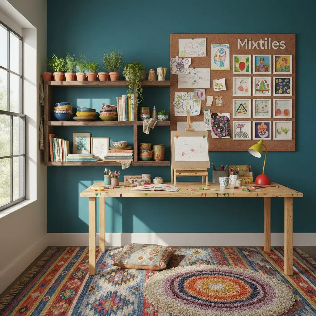 Creative home office corner with art display and pinboard