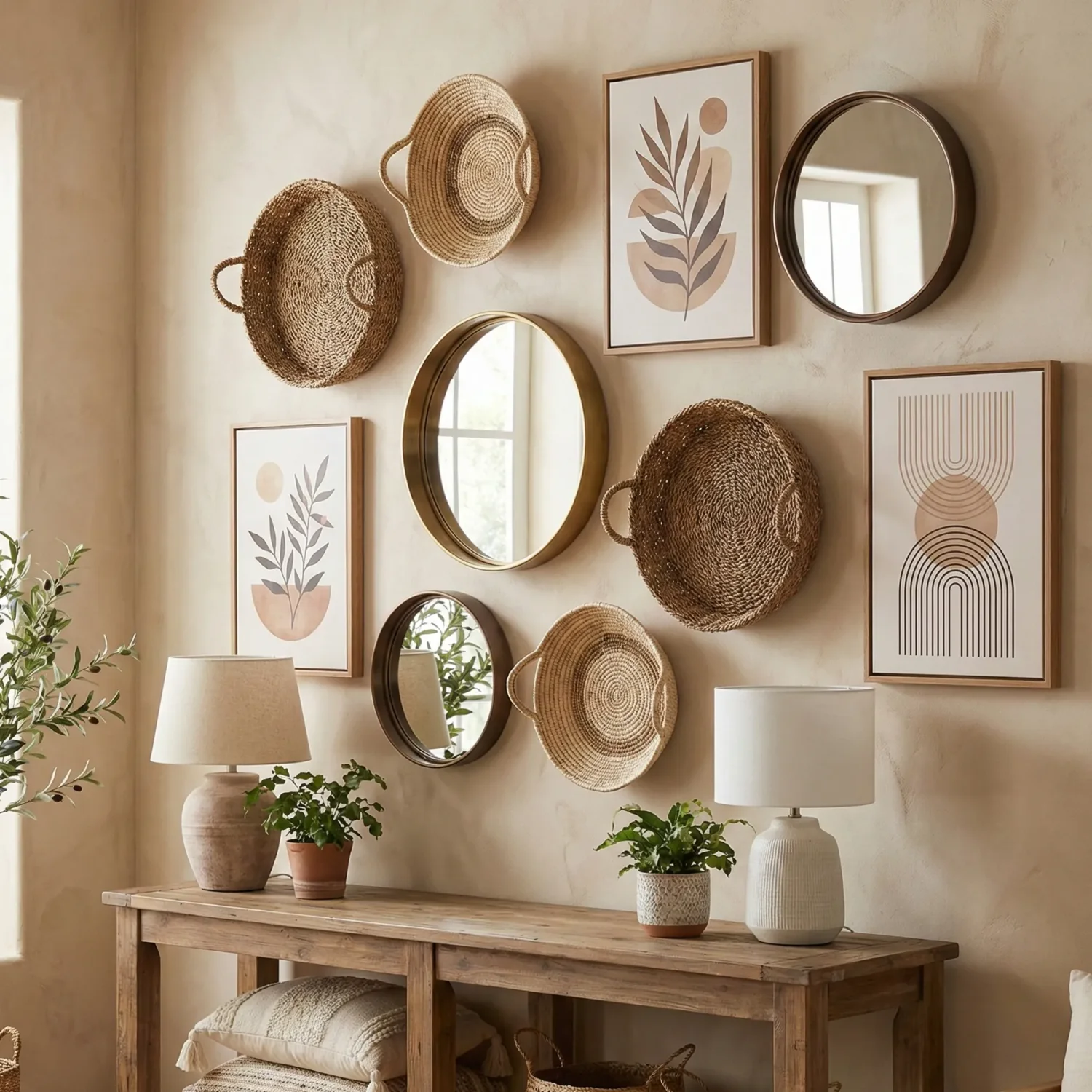 Boho wall decor with woven baskets, mirrors, and framed prints.