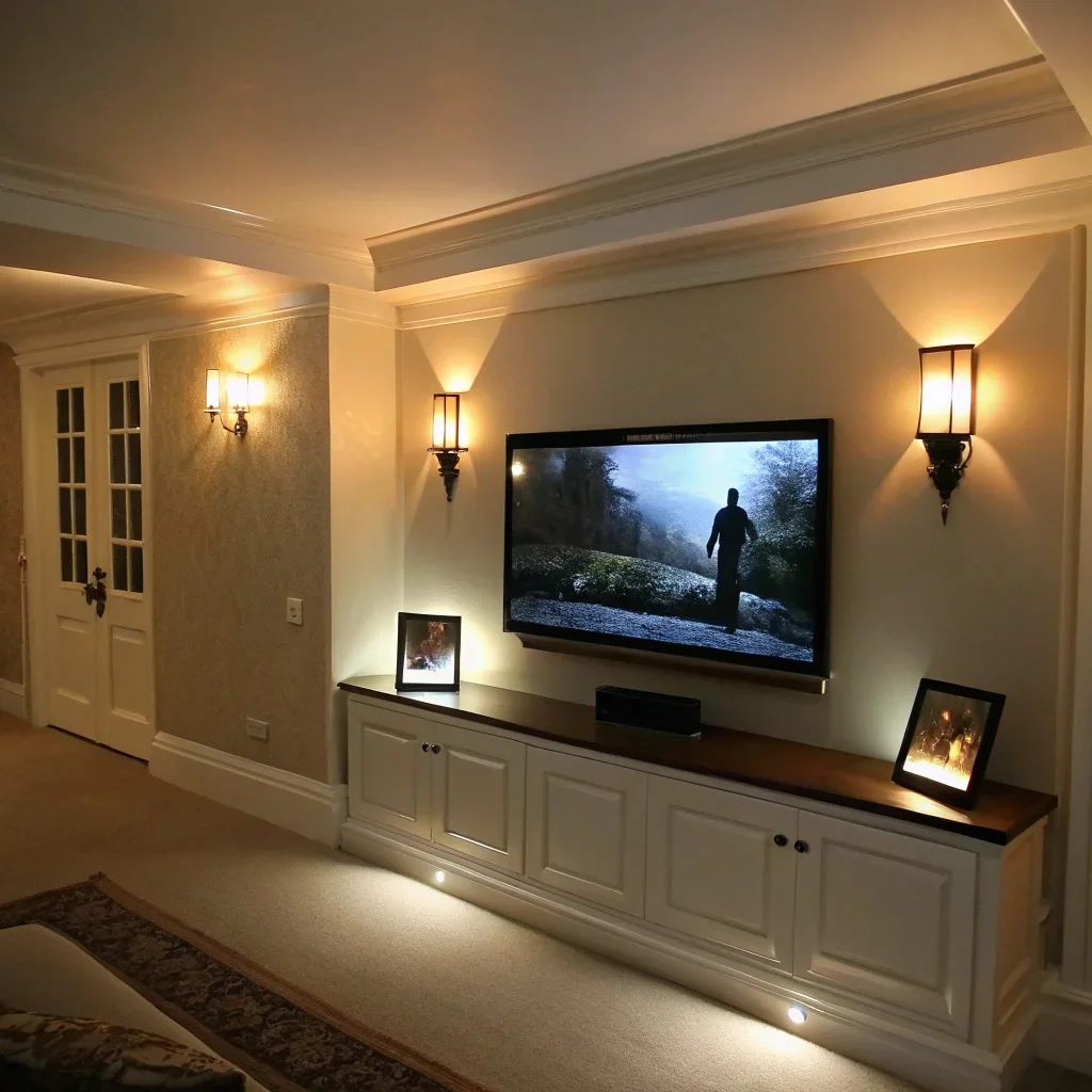 Softly lit TV wall with picture lights, dimmable sconces, and subtle bias lighting behind the screen for a warm, cinematic glow.