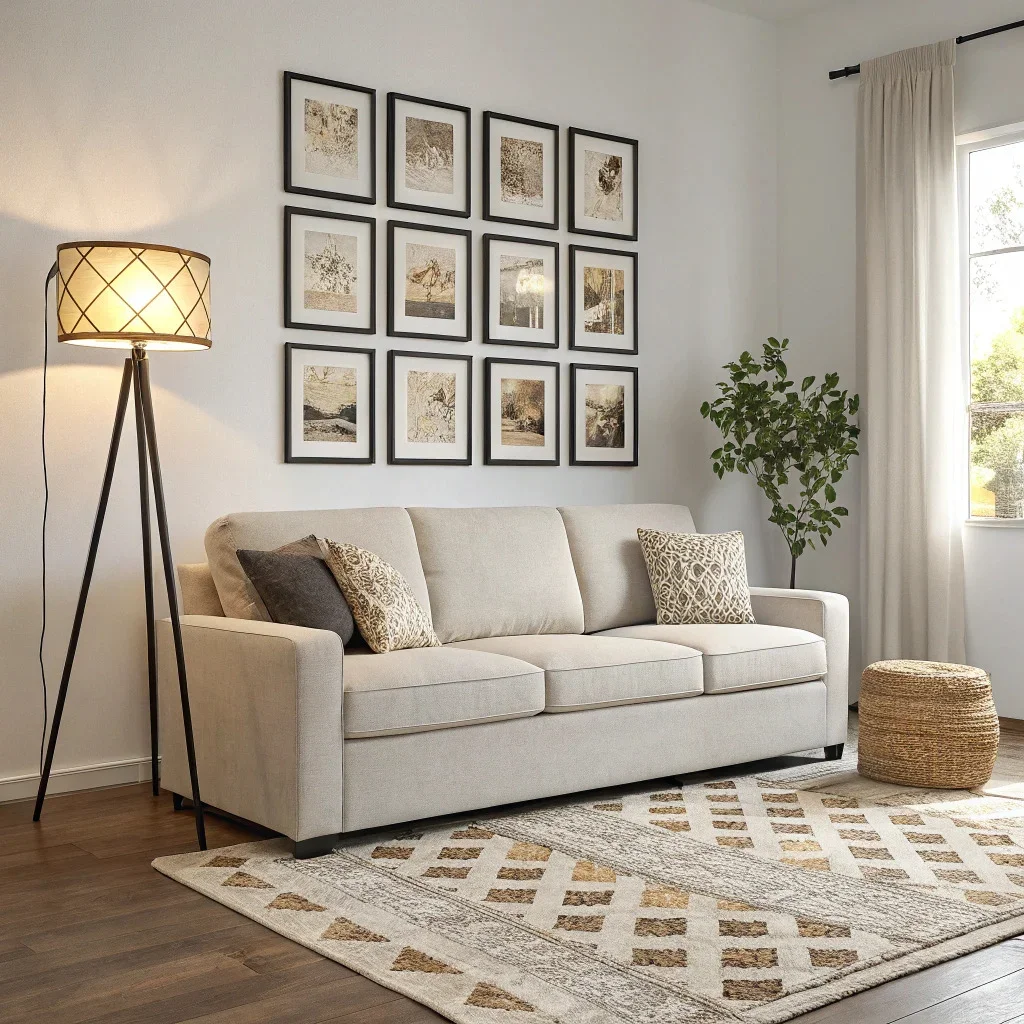Living room with a photo grid above the DIY sofa, coordinated photos, floor lamp, and layered rugs.