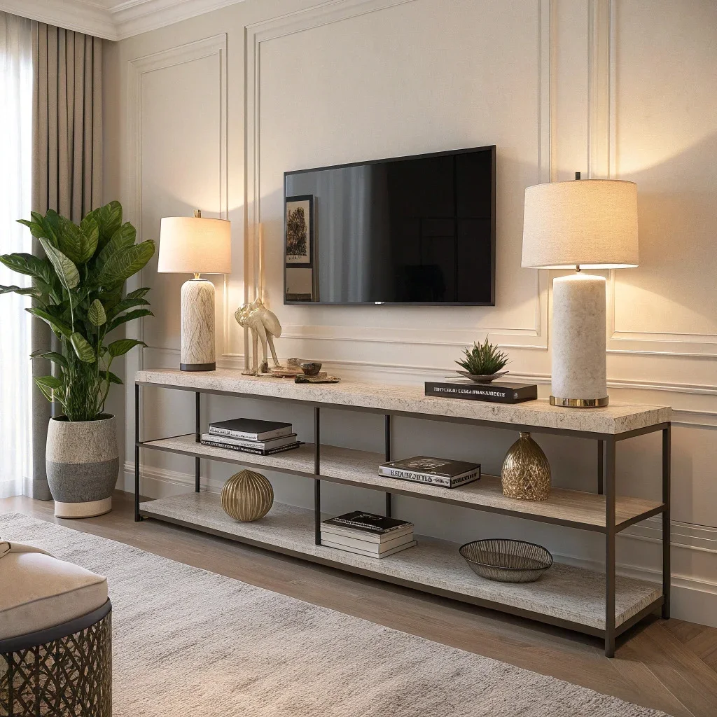 TV wall with a simple console styled either with a low-profile mix of books, a sculptural object, and a plant, or with symmetrical matching lamps for a clean, balanced look.