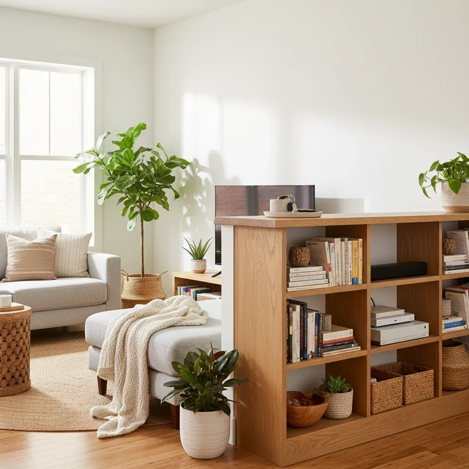 Bright living room with sofa, plants, and open wood bookcase