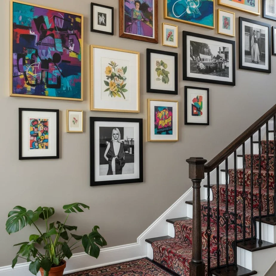 colorful gallery wall ascending staircase with patterned runner