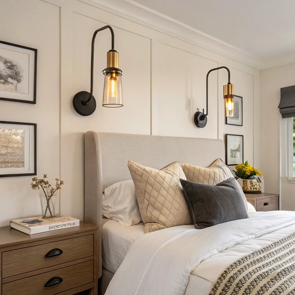 Bedroom featuring sculptural plug-in sconces above nightstands, creating warm ambient glow.