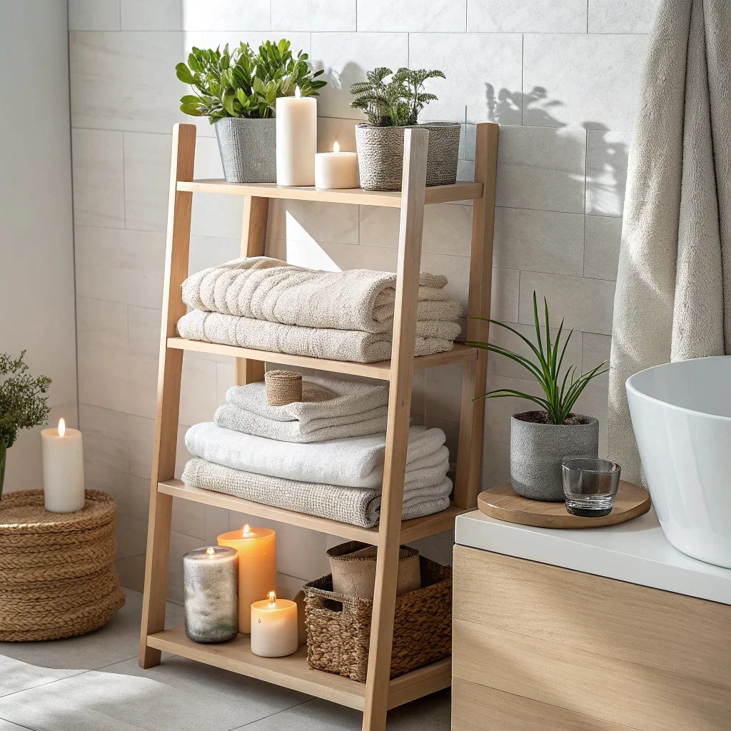 Bathroom shelf styled with folded towels, candles, and small potted plants.
