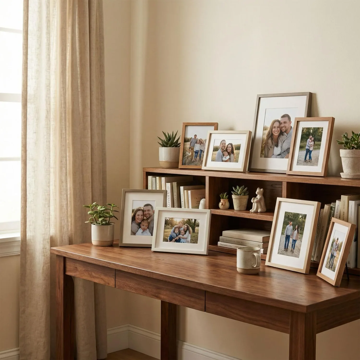 Small framed family photos clustered on a wood desk