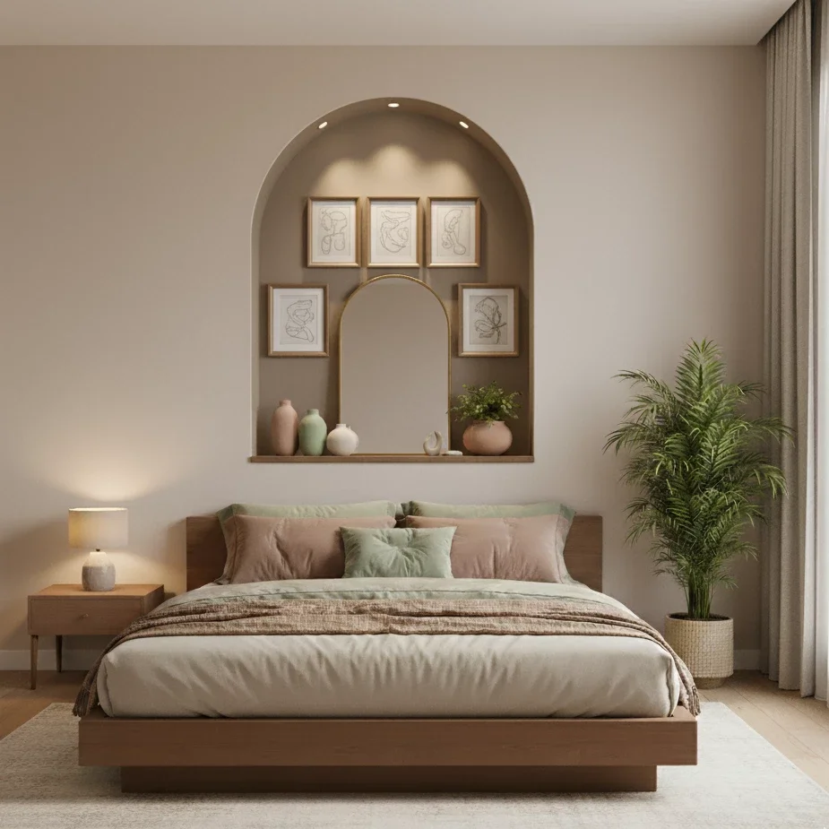 Cozy bedroom with arched niche, art prints, and wood bed