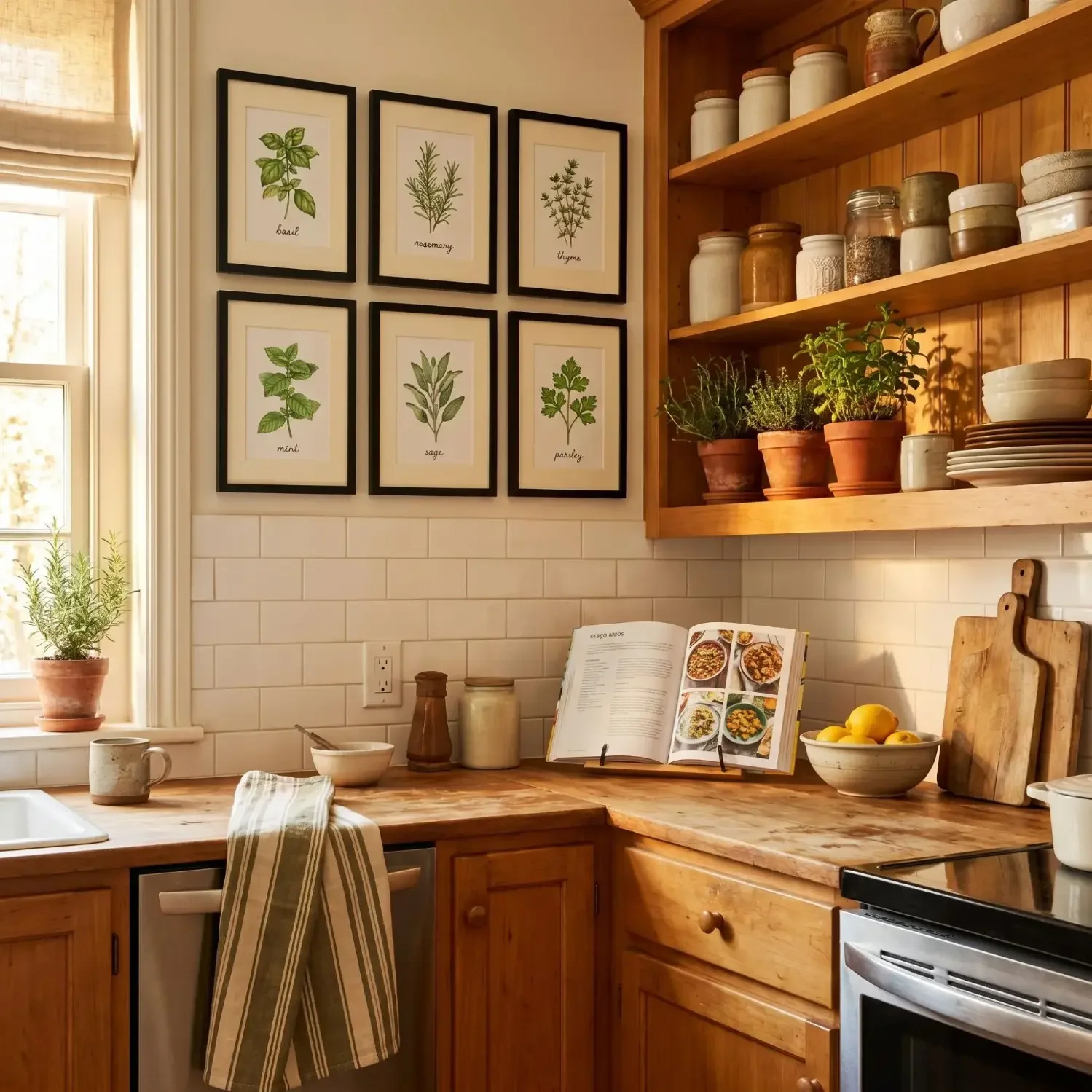 Herb botanical framed prints in a warm toned kitchen