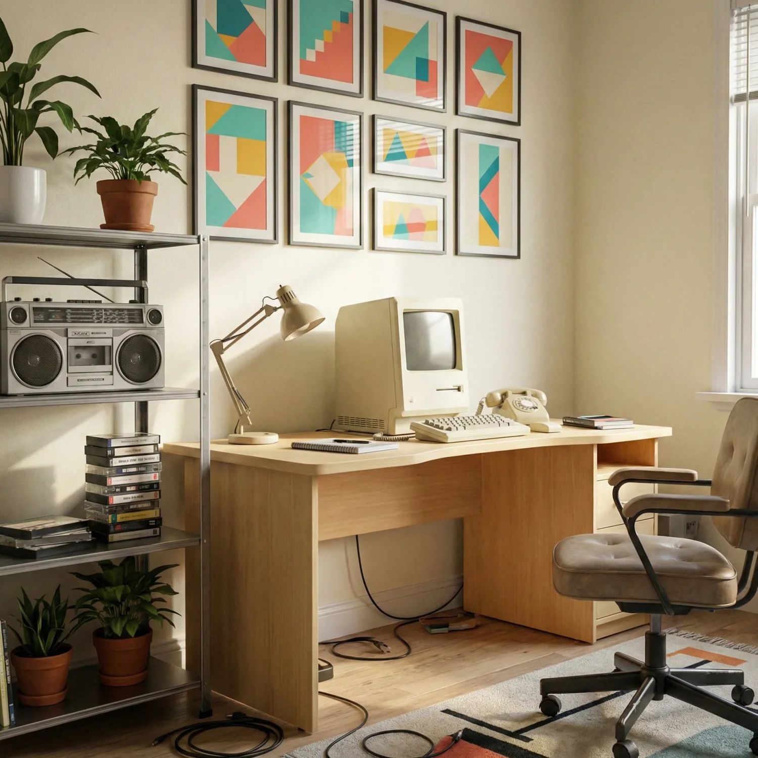 Retro home office with vintage computer and colorful wall art