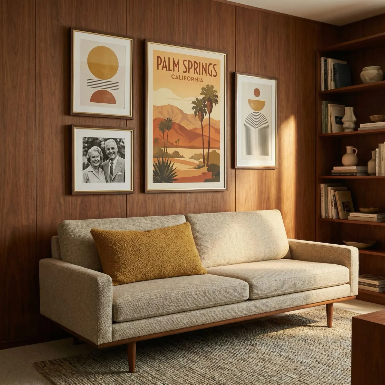 Balanced gallery wall with mixed framed photos