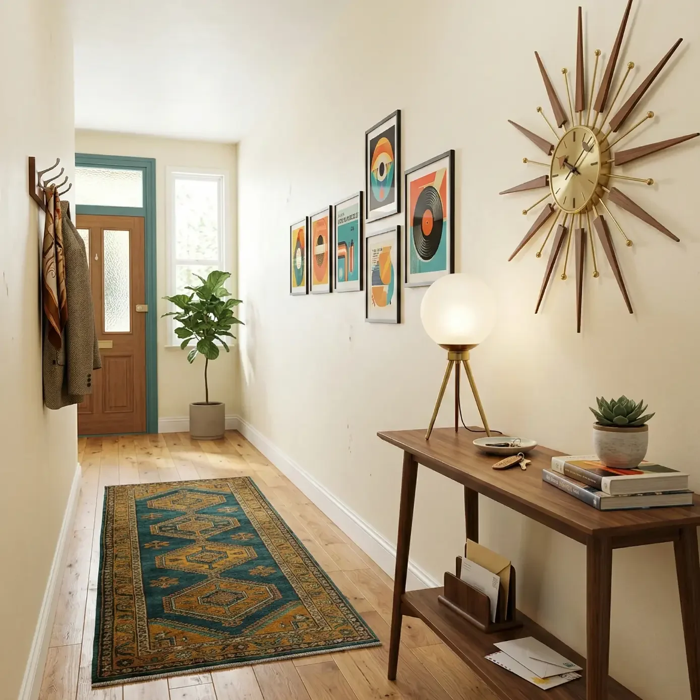 Mid-century entry hall with starburst clock and console table