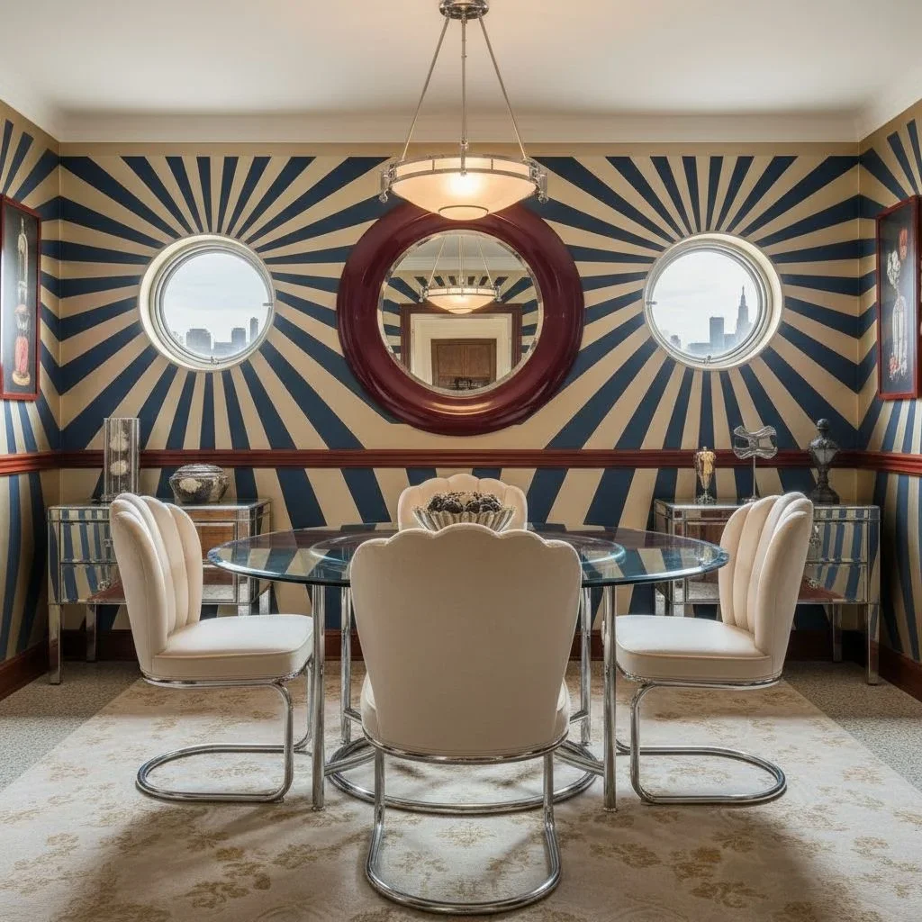 Streamline modern dining area with geometric motifs