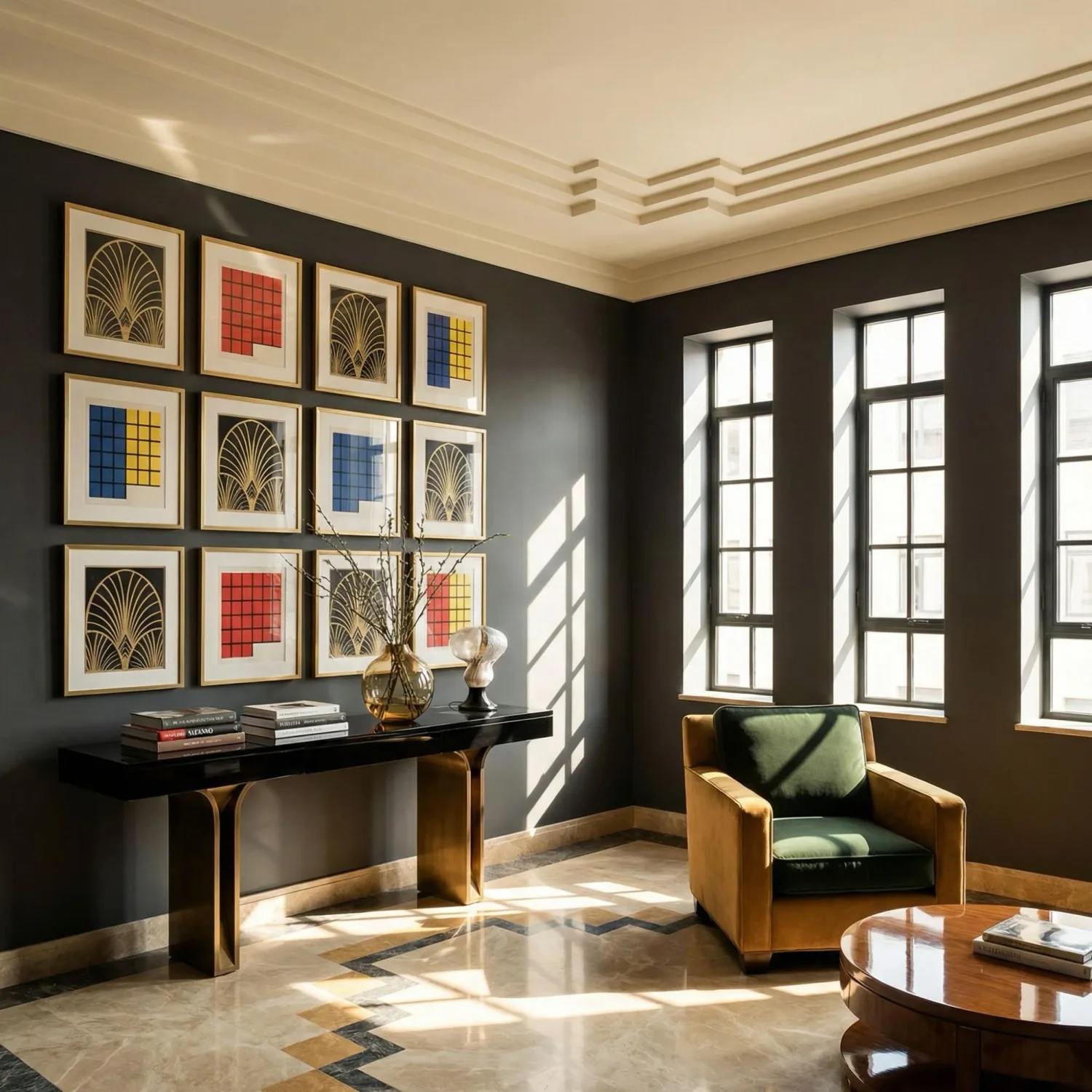 Art Deco Bauhaus living room with geometric wall art