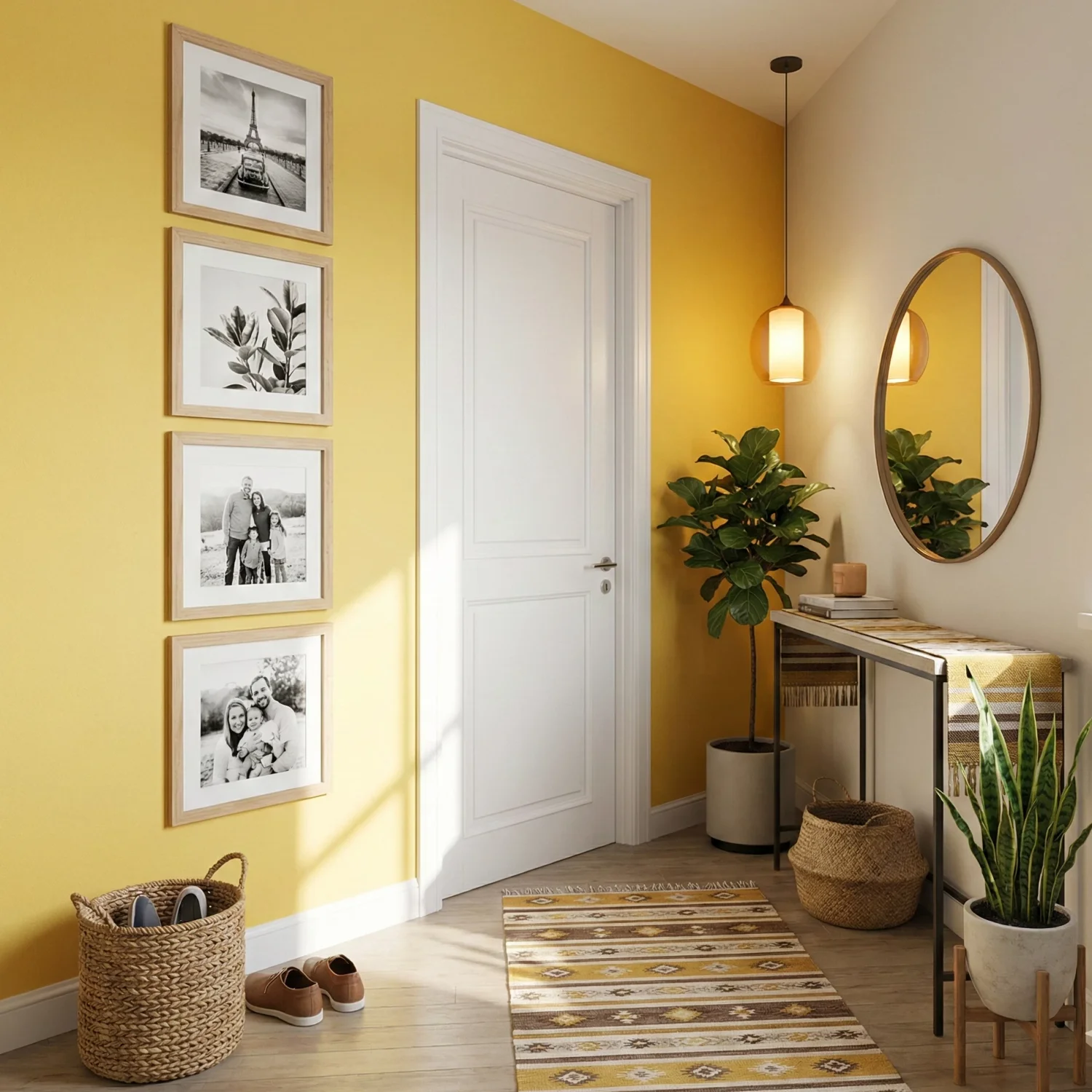 Bright entryway with yellow accent wall and framed photos