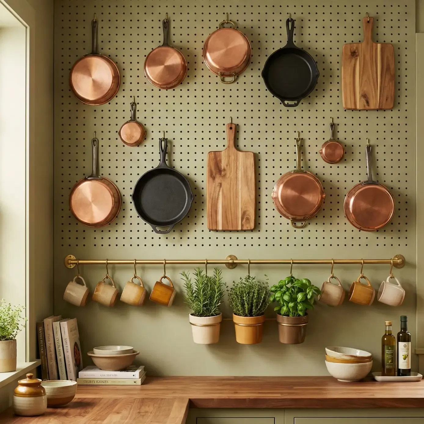 Pegboard kitchen wall with copper pans and hanging mugs.