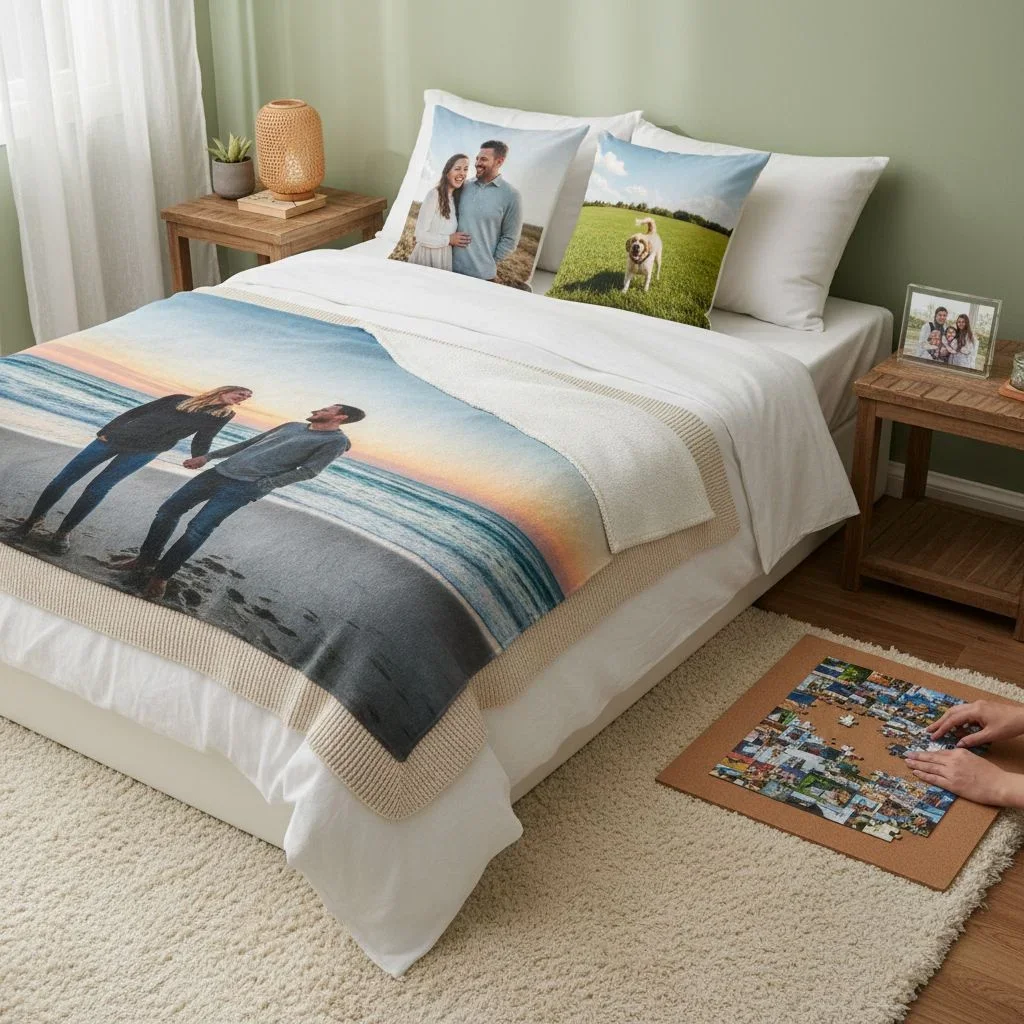 Cozy bedroom with photo blankets and keepsakes