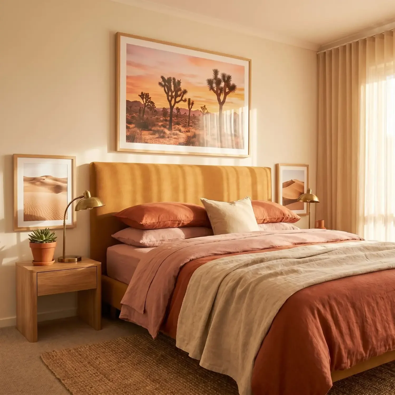 Desert sunset framed print above bedroom bed