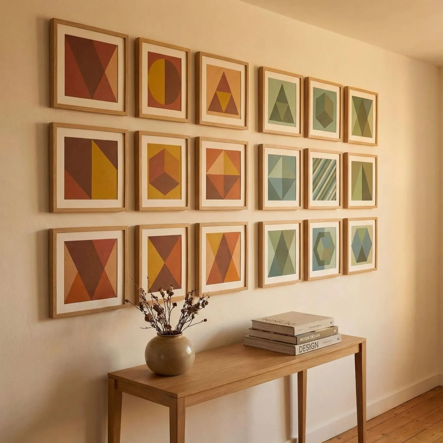 Color block gallery wall warm and cool framed art