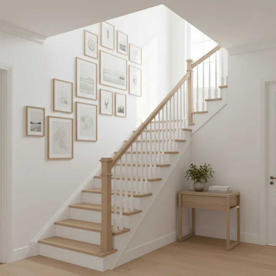 gallery wall ascending white staircase in bright entryway