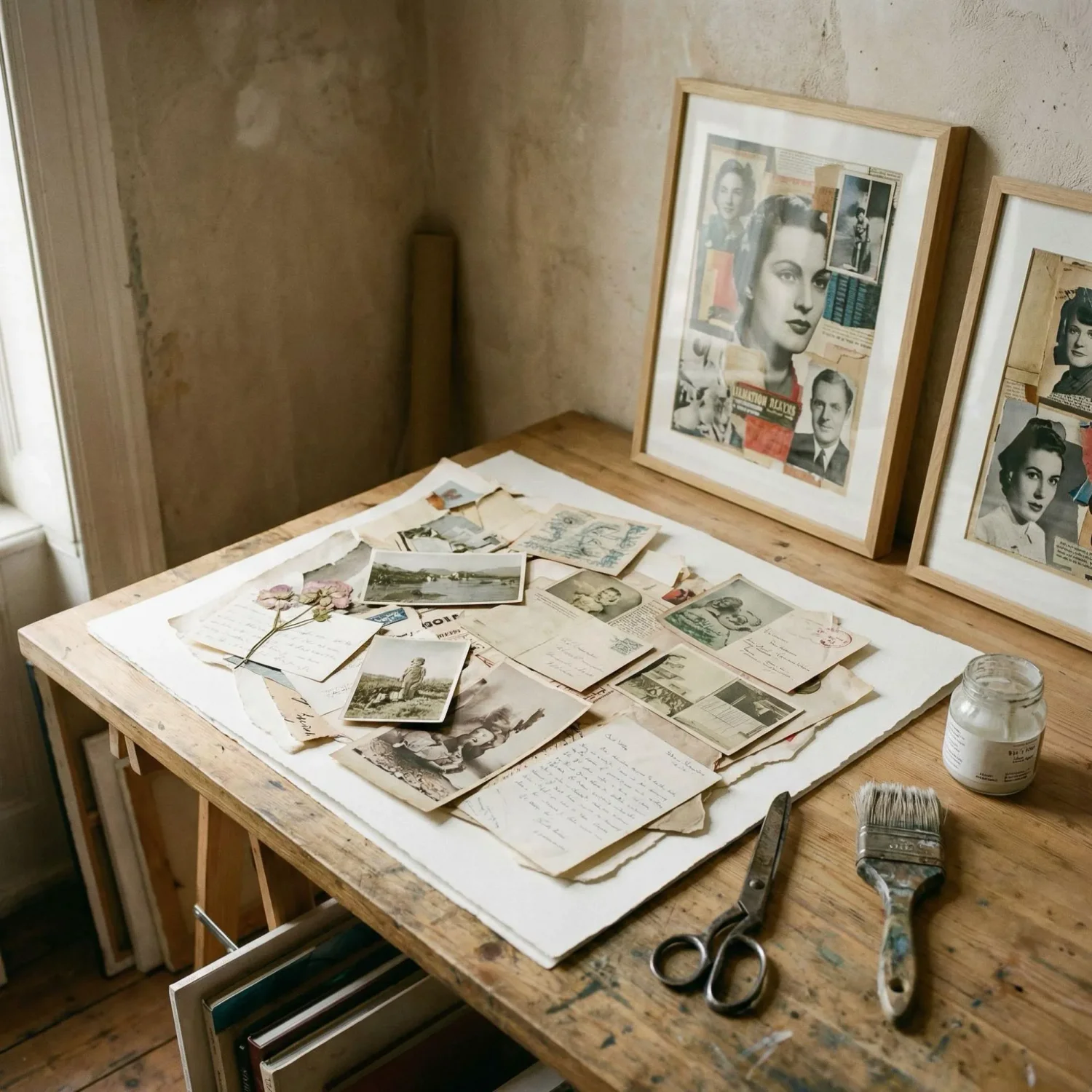 Collage art with layered paper and photos on desk