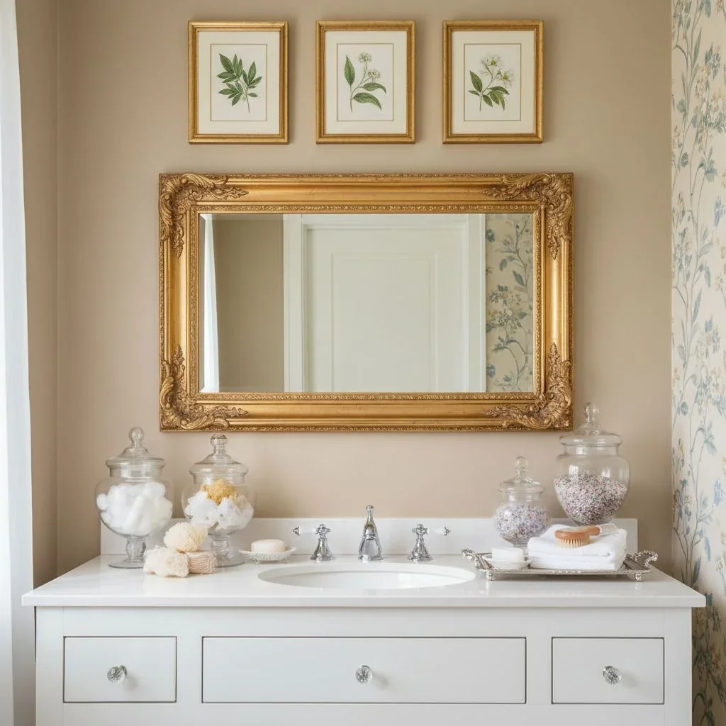 Elegant bathroom with ornate mirror and spa details