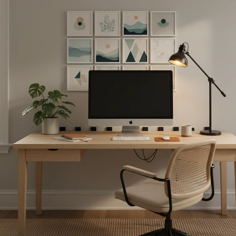 Minimal home office with desktop computer and wall art