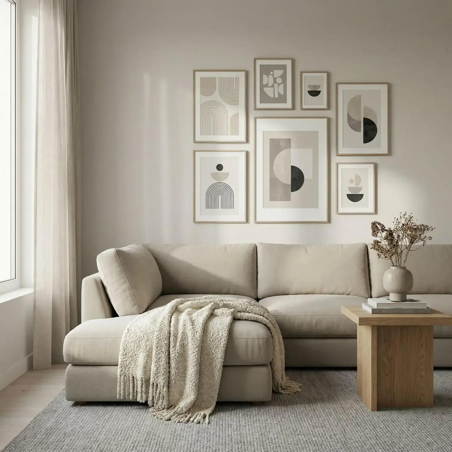 Neutral geometric framed pictures in layered living room