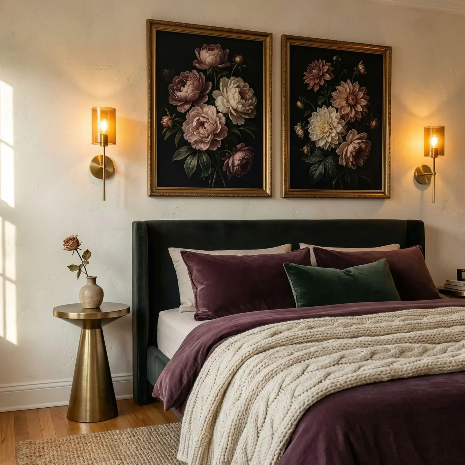 Dark floral framed art with brass lamps and velvet