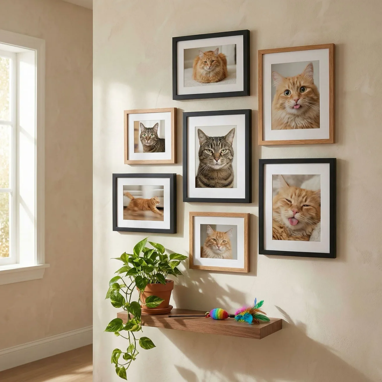 Cat mood gallery wall with funny framed photos
