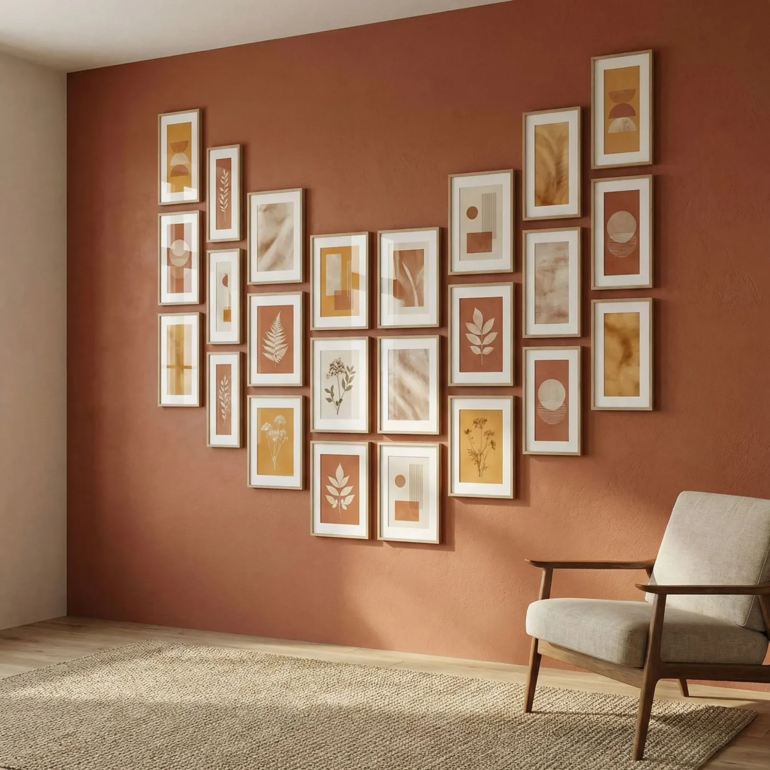 Chevron zigzag framed pictures on accent wall