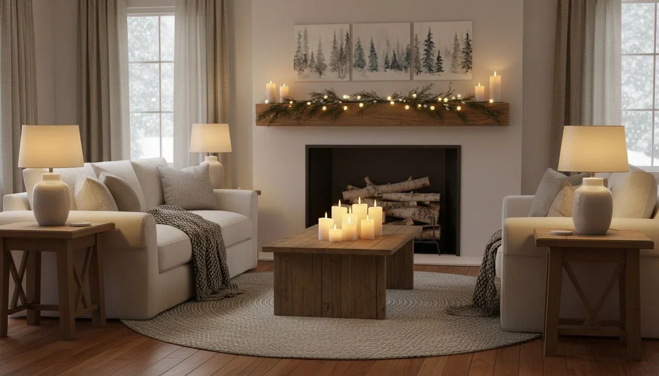 Serene winter living room with candles and wood