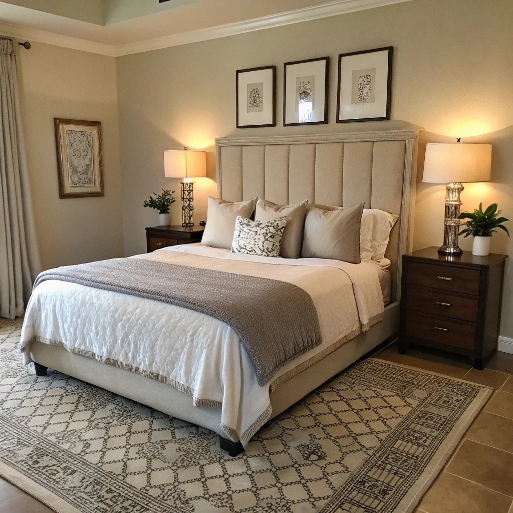 A serene transitional bedroom with an upholstered headboard, crisp white bedding, a tonal throw, soft-metal bedside lamps, and a 2×3 Mixtiles grid above the bed on a quiet-hued wall.