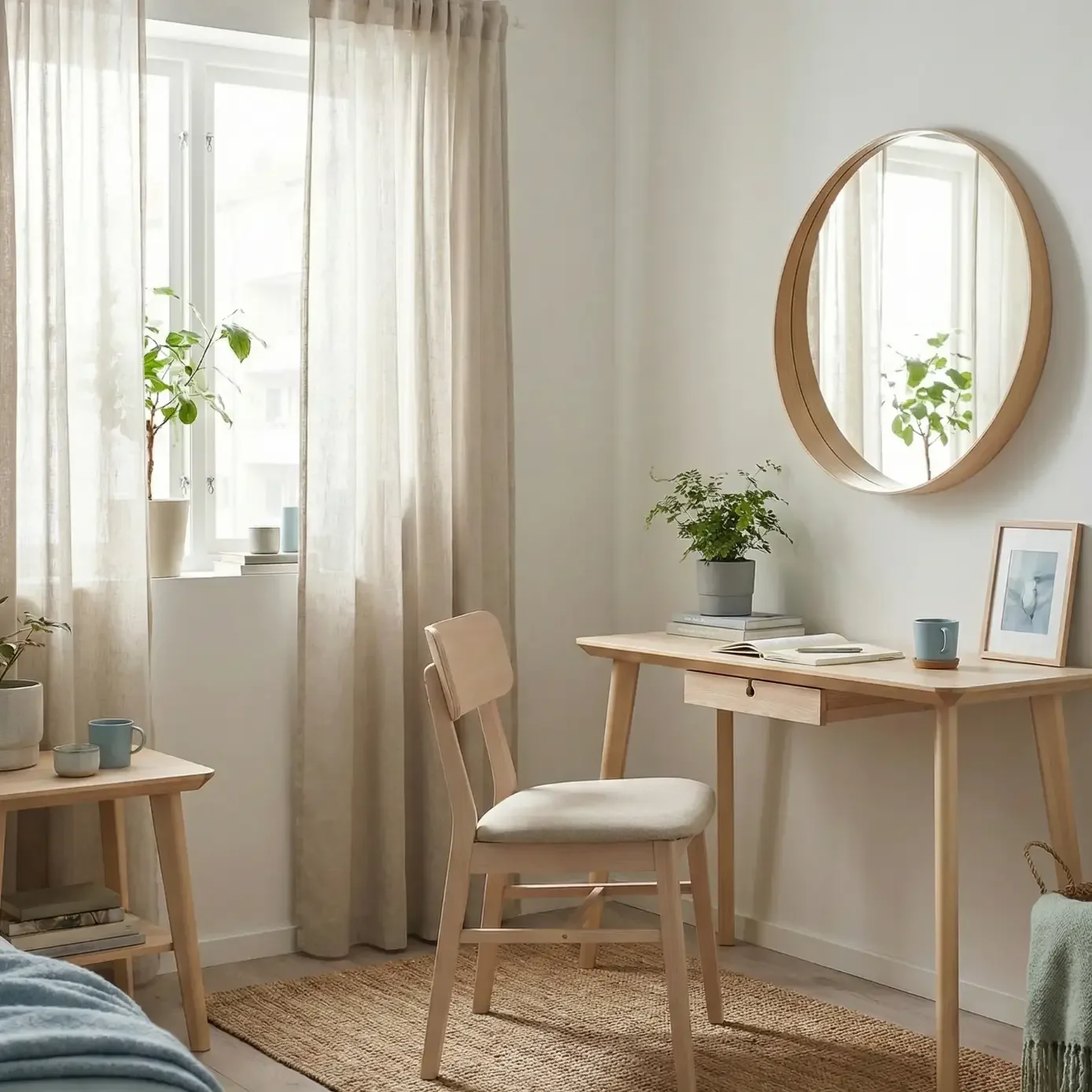 Minimalist home office with light wood and round mirror