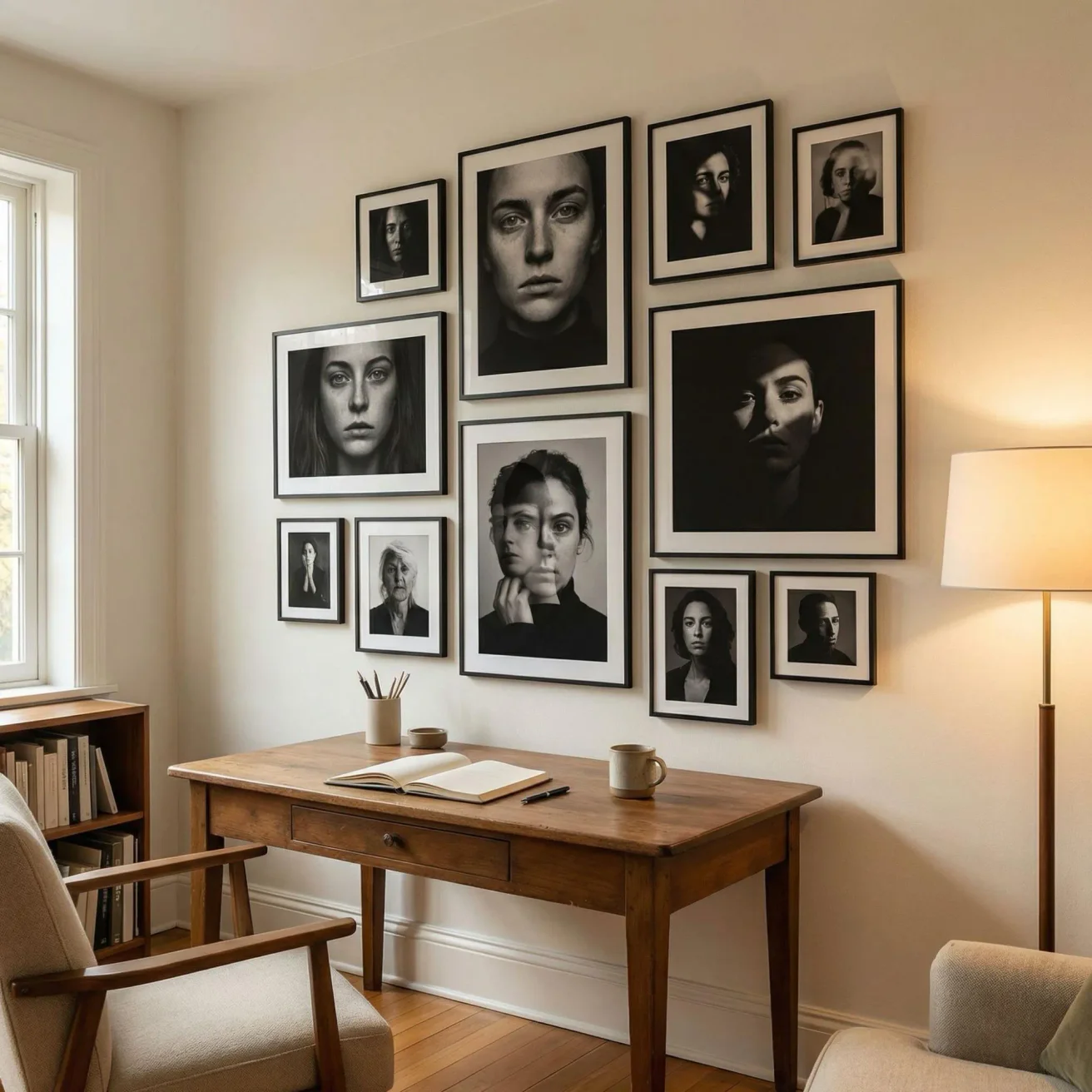 Portrait fine art framed photos in a home study