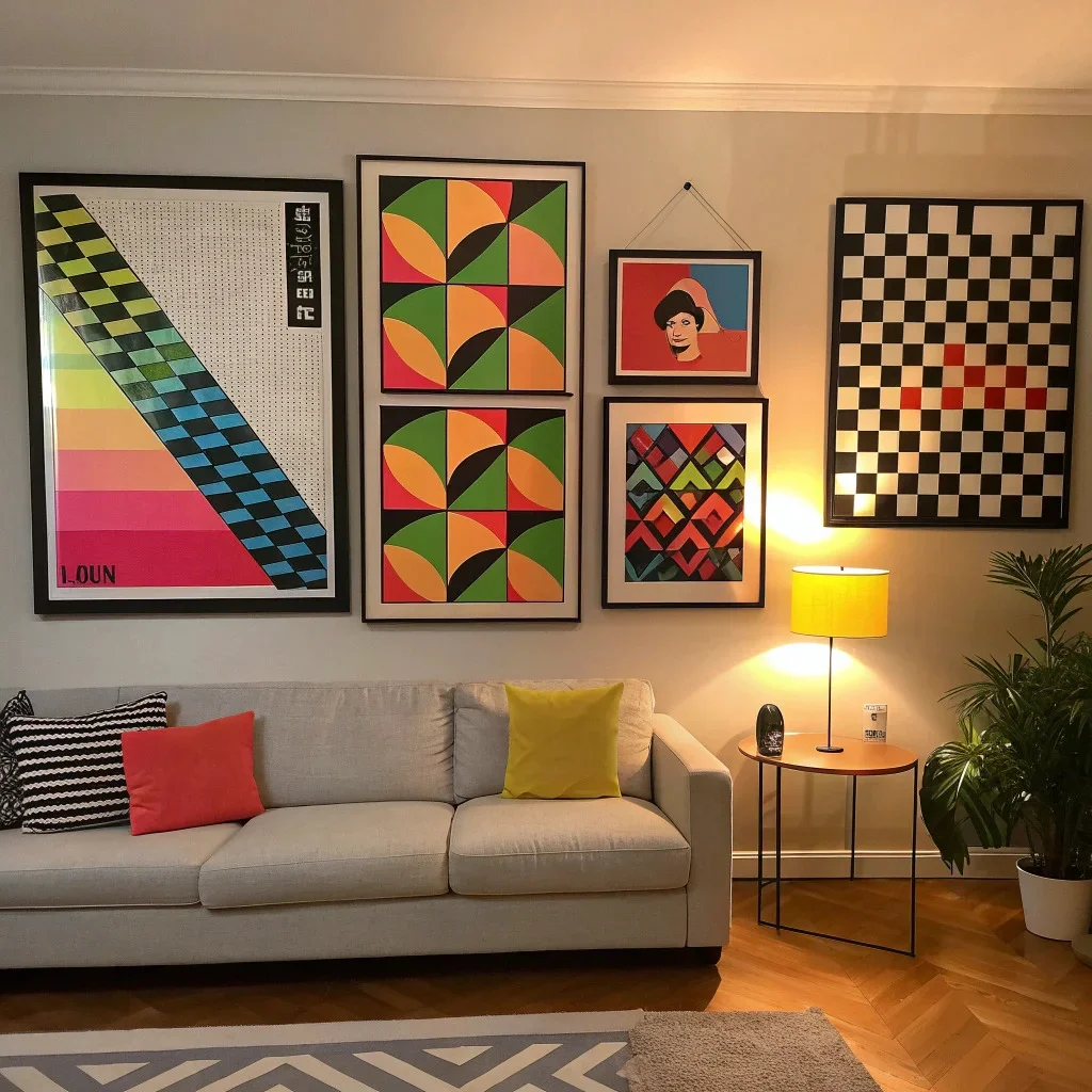 A bold 1980s-style wall display featuring abstract geometric shapes, checkerboard patterns, and vibrant pop-art posters in neon and primary colors, arranged in a clean, punchy grid.
