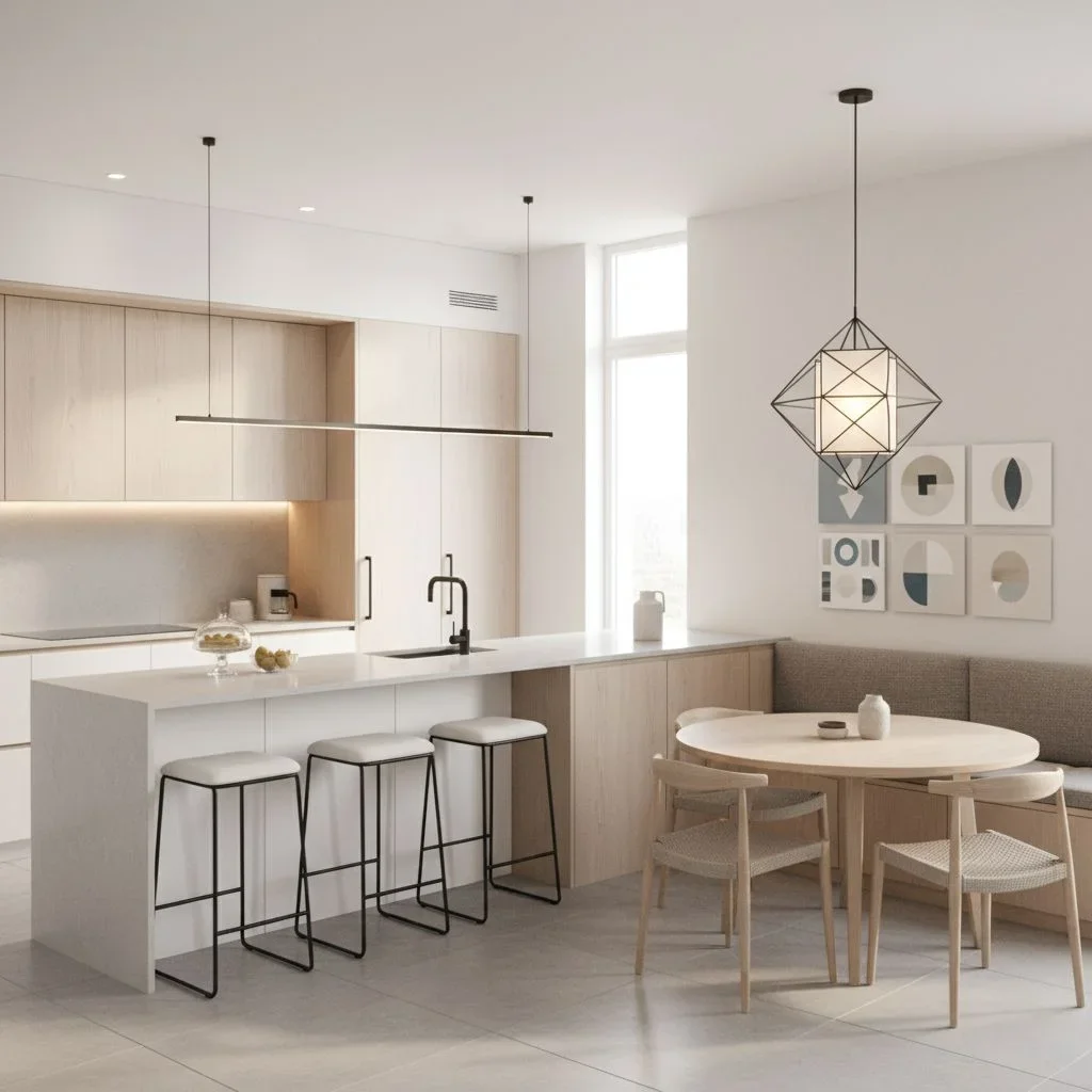 Modern kitchen and dining with pendant light