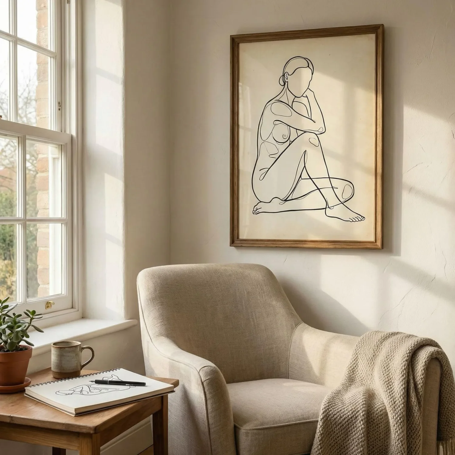 Contour line art framed print on wall