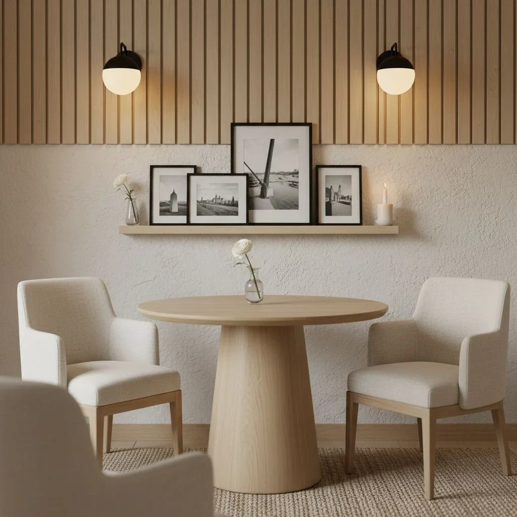 Wood-themed small dining area with strategic shelving
