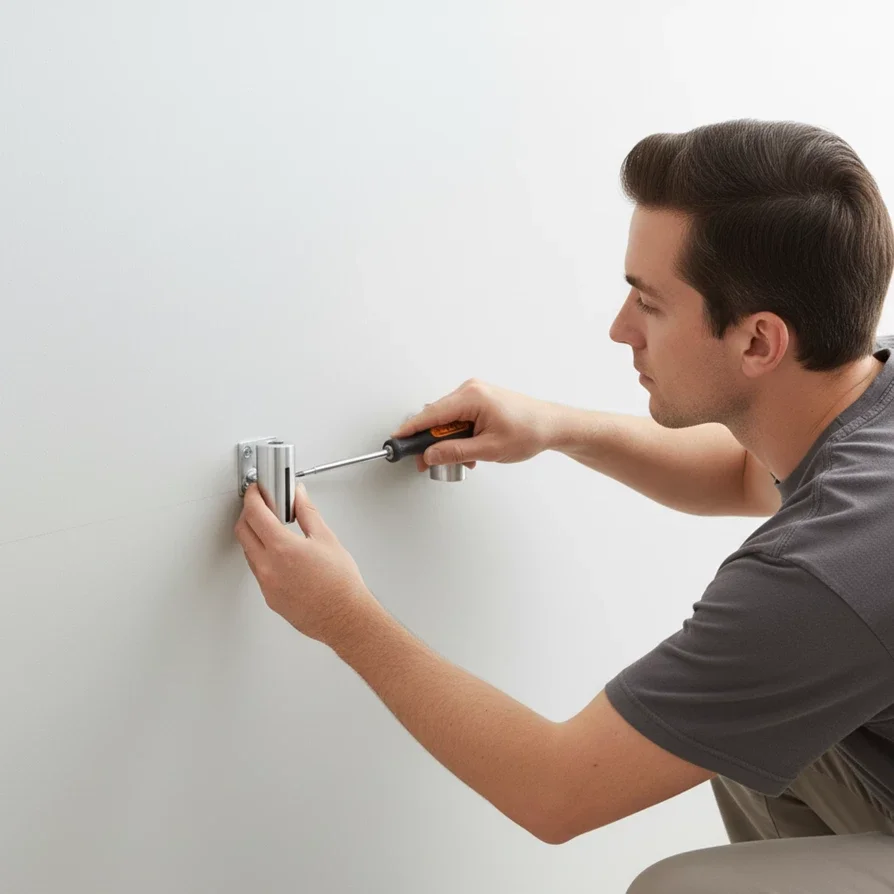 Person attaching a wall mount with a screwdriver