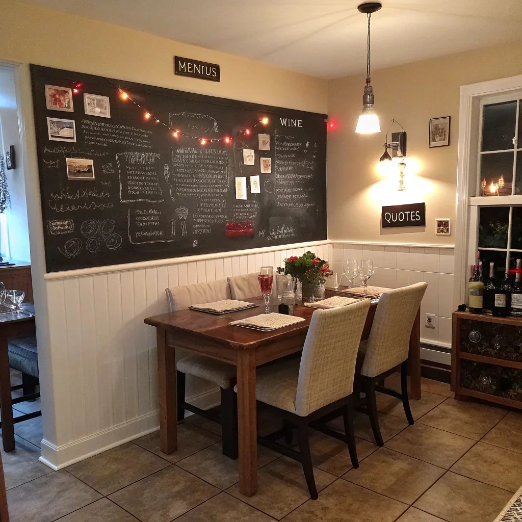 Dining room chalkboard wall with handwritten menus or wine notes with a small frame along the edge.