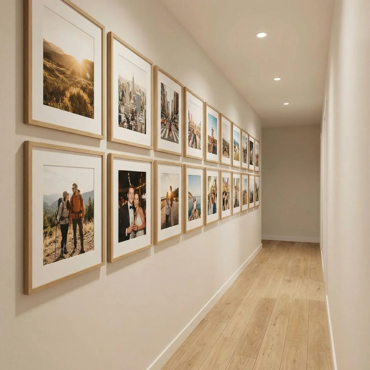 Hallway gallery of framed travel milestone photos