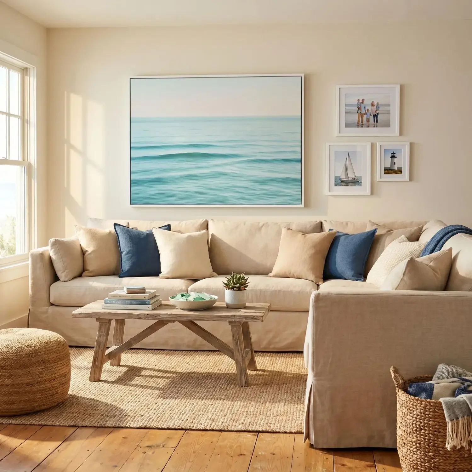 Large ocean canvas above sofa in coastal living room