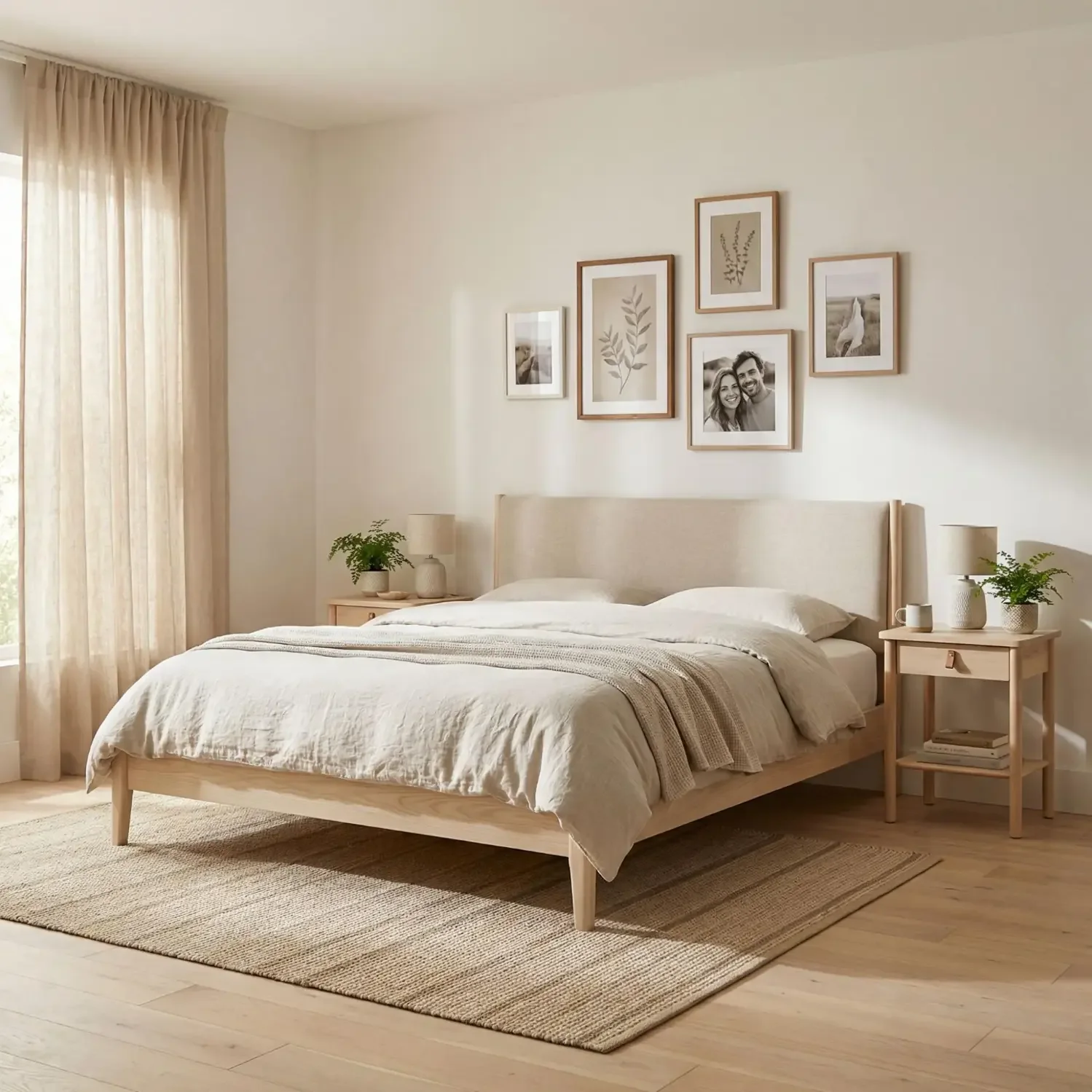 Japandi bedroom with low platform bed and wood nightstands