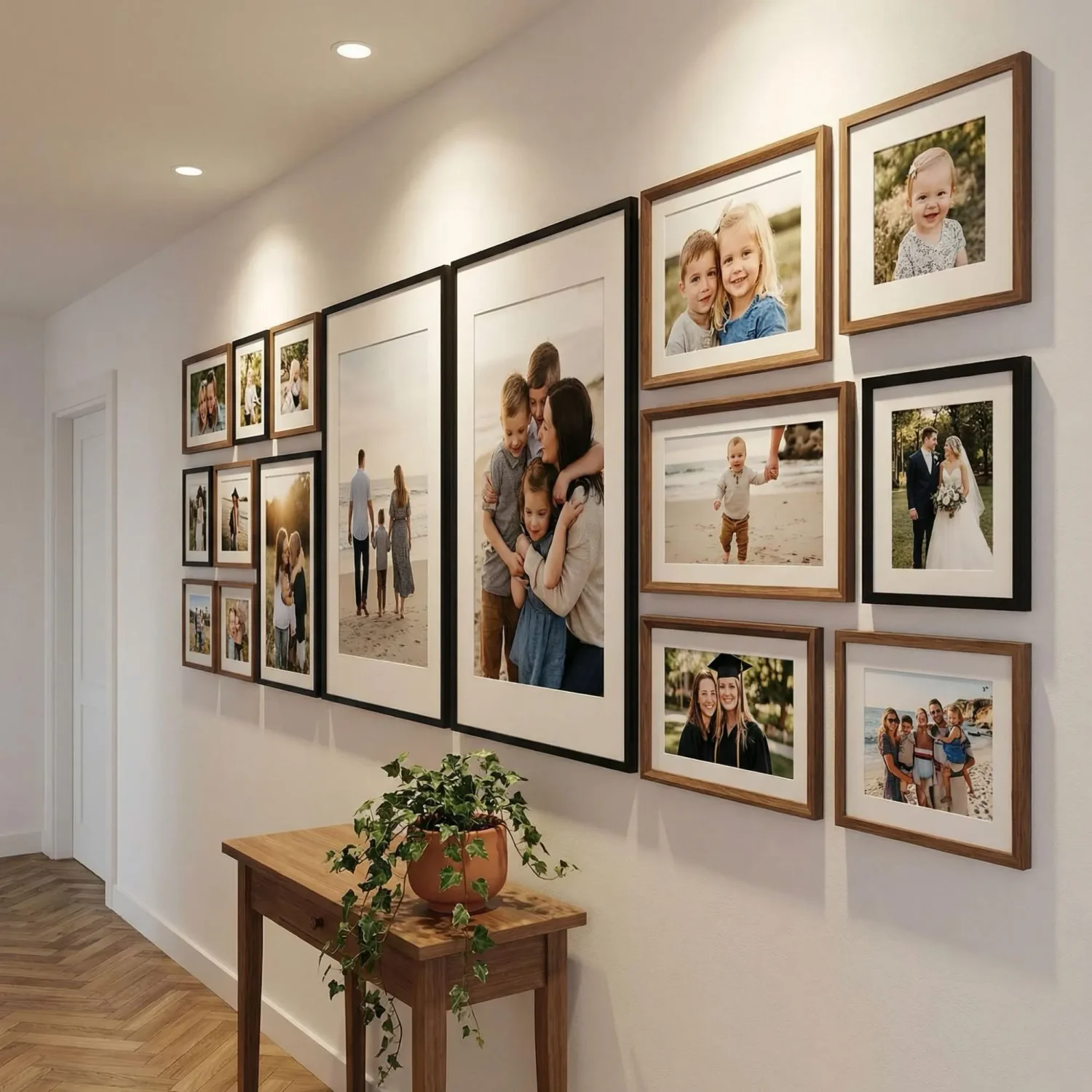 Family photo gallery in home hallway