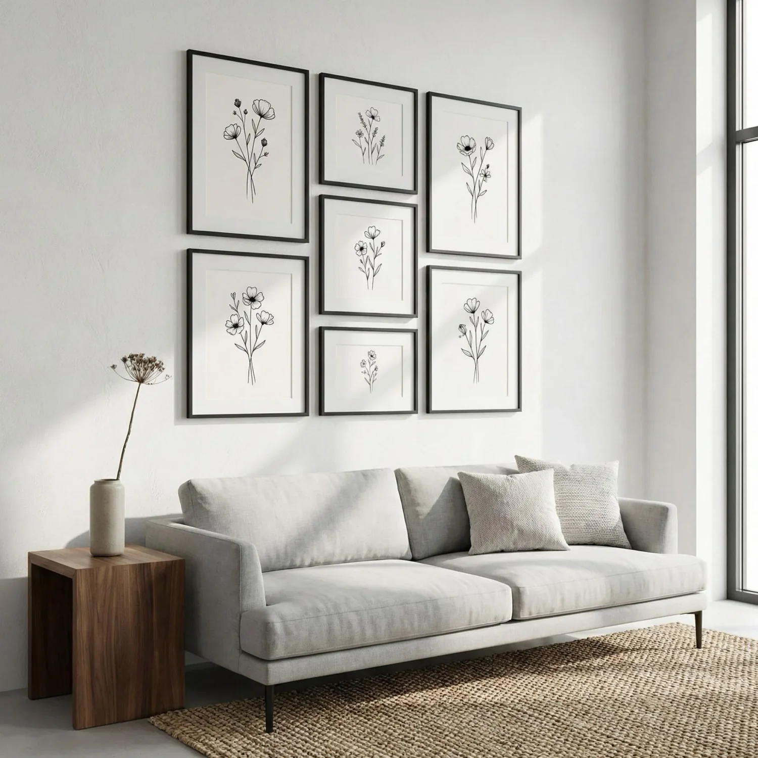 Minimalist living room with black white floral framed art