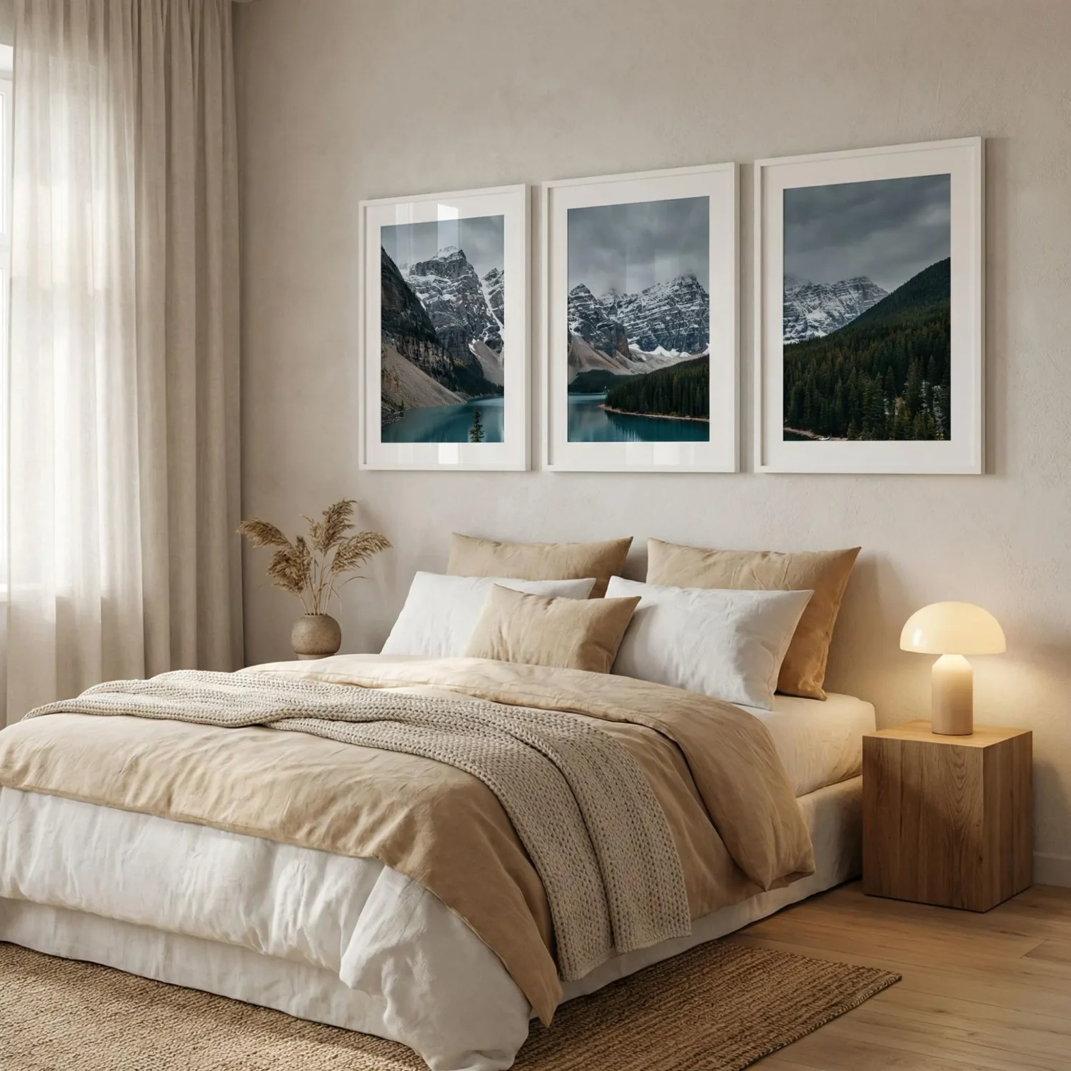 Triptych framed pictures above Scandinavian queen bed
