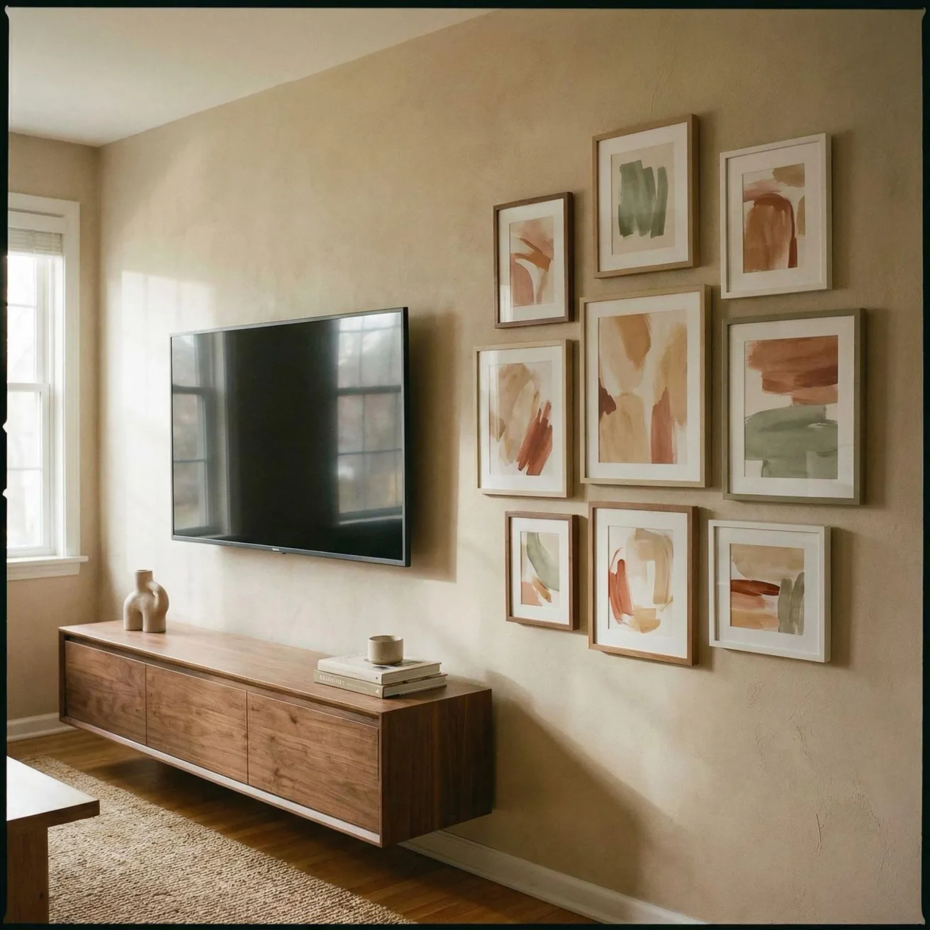 Gallery of framed abstract art beside TV wall
