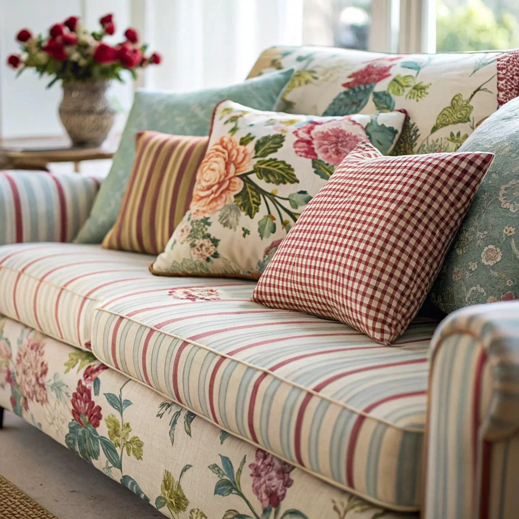 Sofa styled with large floral pillows, medium striped cushions, and small-scale textured throws in a cohesive palette.
