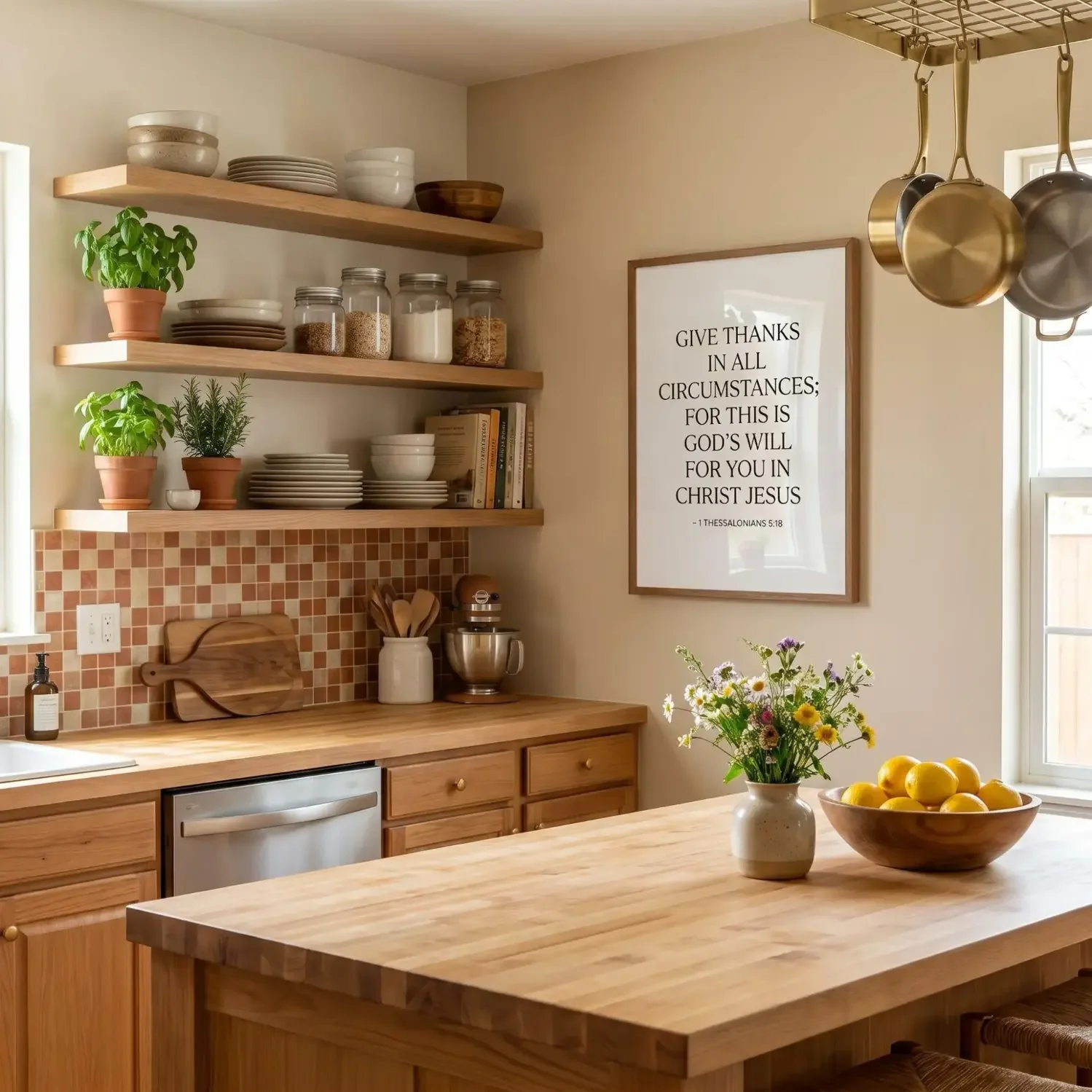 Kitchen with scripture framed art and warm decor